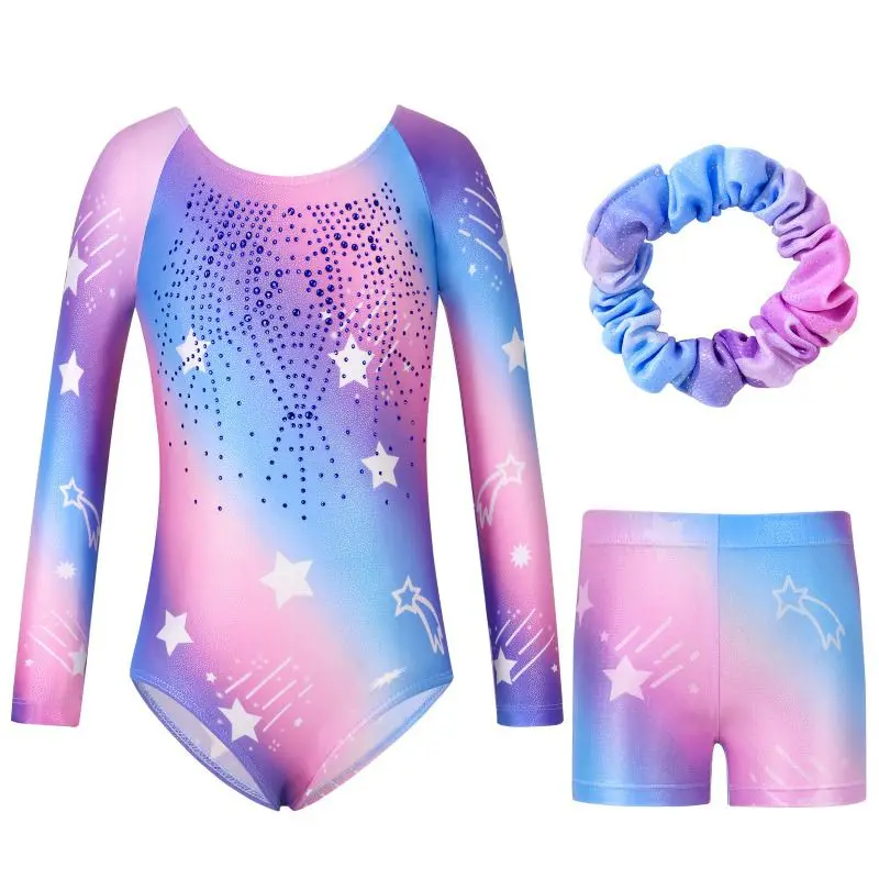 Children Girls Gymnastics Set Fashion Dancewear +Shorts+Headband Outfits