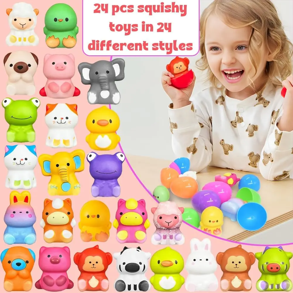 12/24PCS Easter Eggs Prefilled Slow Rising Squishy Toys Easter Squeeze Ball Stretch Animal Toy Squeezing Stretch Toys