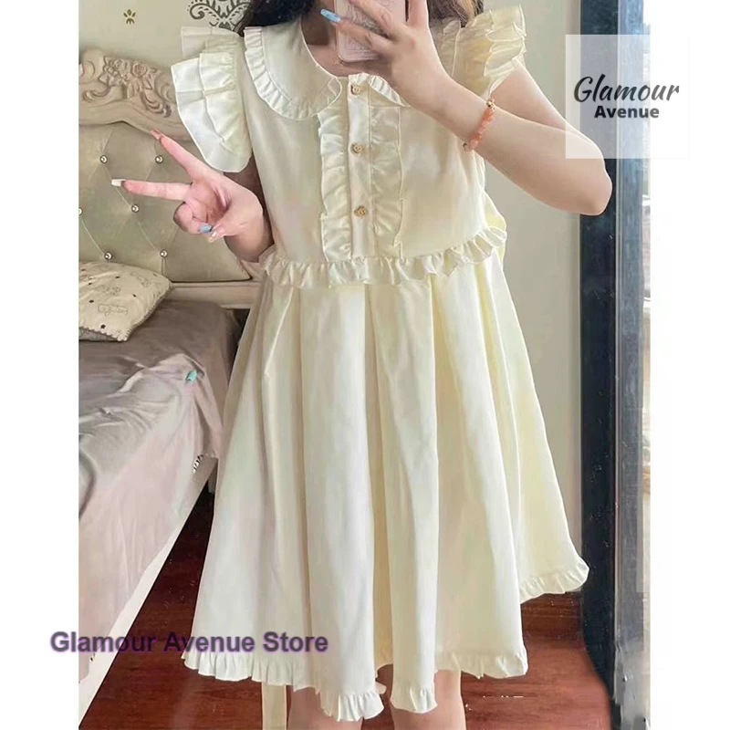 

Japanese doll collar summer bear button A-line skirt female cute casual skirt sweet sister skirt small flying sleeve dress