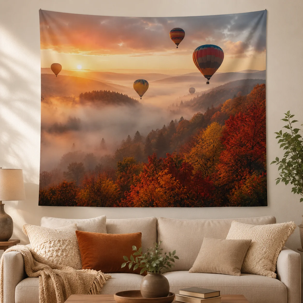 Autumn Forest Hot Air Balloon Tapestry Sunrise Mist Valley Autumn Maple Landscape Wall Hanging, Home Decoration, Birthday Gifts