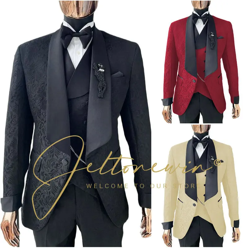 Black Jacquard Wedding Suits for Men 3 Pieces Costume Mariage Homme Groomsmen Blazer Sets Tuxedos Groom Wear Jacket+Vest+Pants