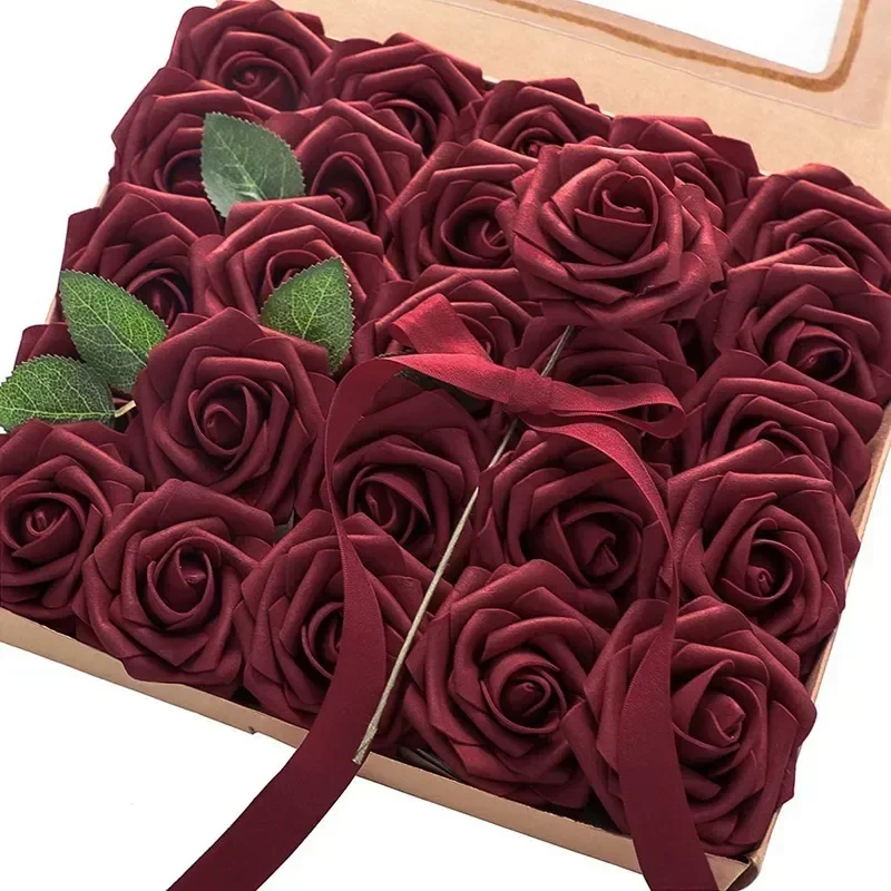 Nuevas flores artificiales, 25 uds., rosas falsas Borgoña de aspecto Real con tallos para ramos de boda DIY, despedida de soltera roja