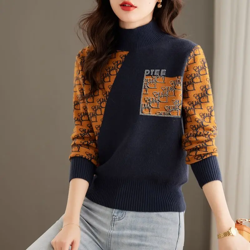 Fashion Elegant Half High Collar Patchwork Sweaters Female Autumn Winter Korean Commute Diamonds Knitted Tops Women\'s Clothing