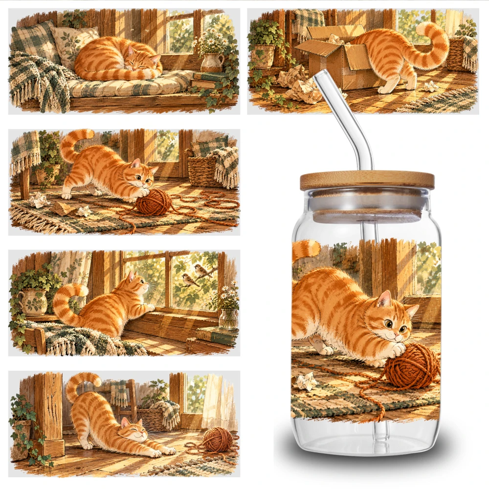 5 Sheets Orange Cat Playing With Yarn UV DTF Stickers Suitable for 16 oz Glass Waterproof Decals Waterproof Rub on Transfers