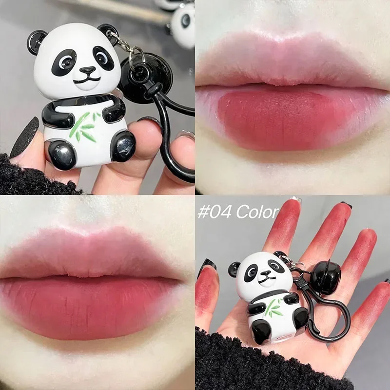 Bonito panda batom veludo fosco lábio-mud hidratante vermelho brilho labial esmalte sexy matiz labial maquiagem pequeno sino chaveiro cosméticos