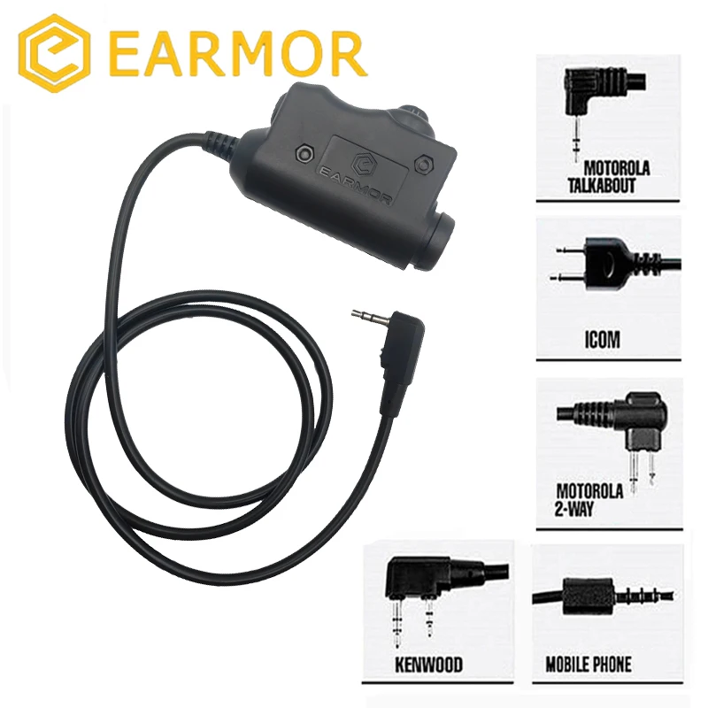 EARMOR Tactical PTT Tactical Headset ​Button activated push-to-talk PTT adapter M51 and AUX radio interface KENWOOD