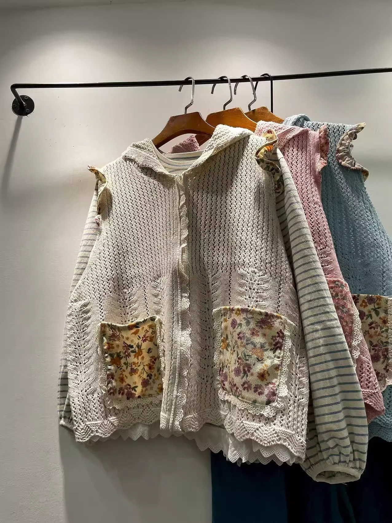 

Mori kei clothing Japan style pink beige blue hooded sweater vest for women cardigan autumn lace patchwork knit hoodies