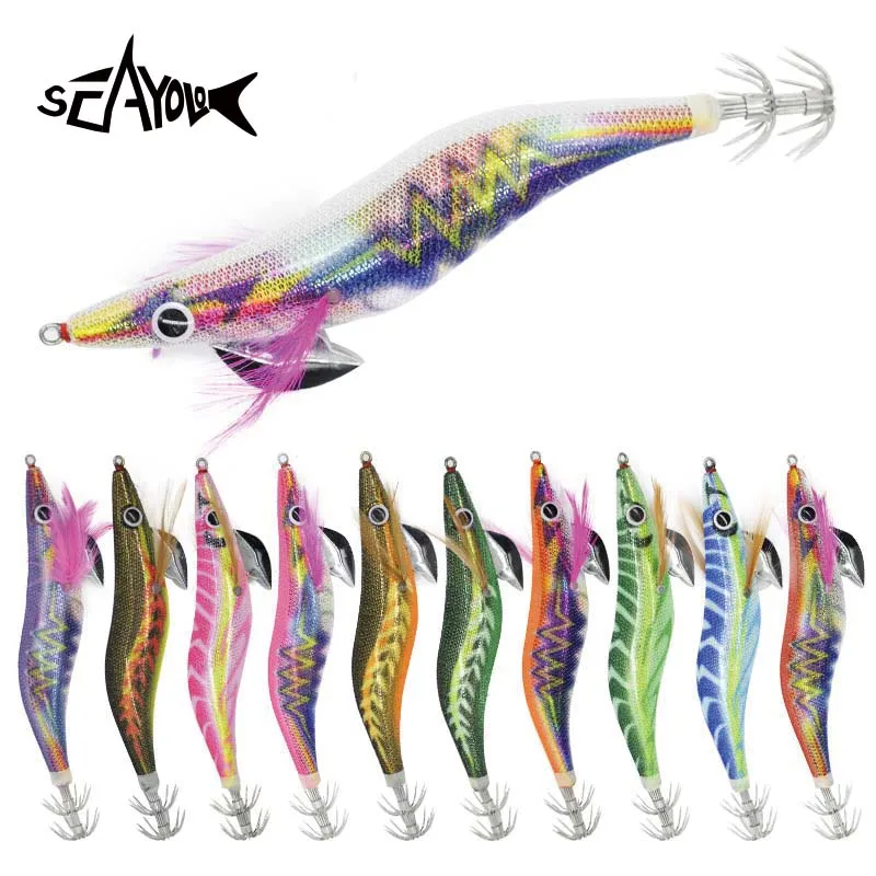 Sea.Yolo 15/19g Fishing Lure Luminous Squid Hook Octopus Cuttlefish Artificial Bait 3D EYE Wood Shrimp for Saltwater Freshwat