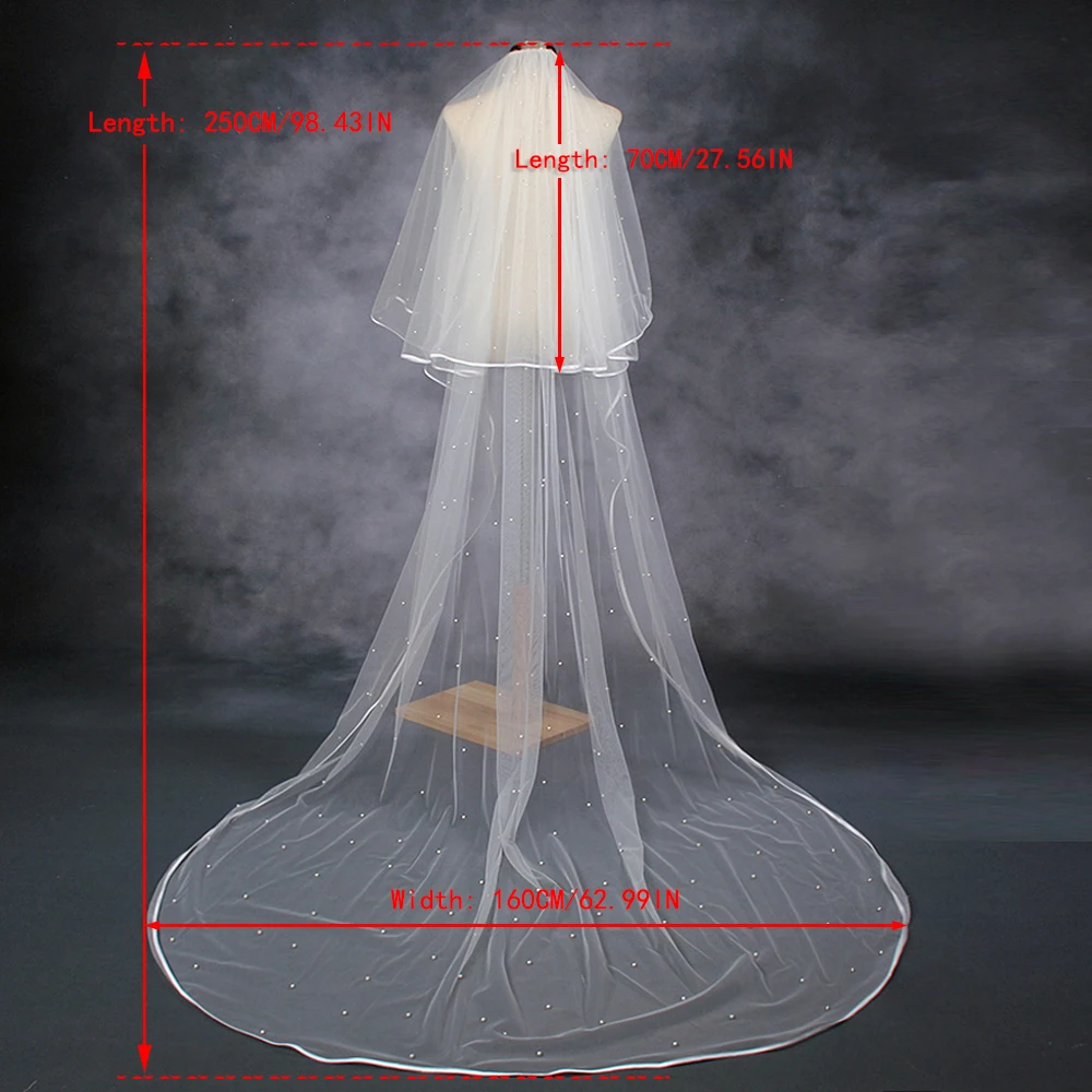 Pearls Beaded Bridal Veils 2 Tier Long Cathedral Wedding Veils Ribbon Edge with Comb Drop Style Wedding Dresses Accessories VP94