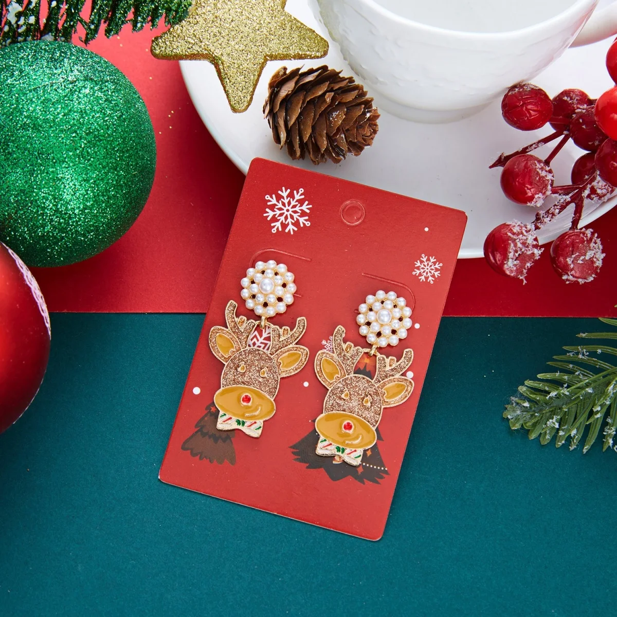 Weihnachtliche Zierliche Ohrringe mit Rotem Schal und Hirschmotiv für Damen, Bunte Strass-Rentier-Elch-Tier-Ohrringe, Neujahrs-Schmuck – Detail 26