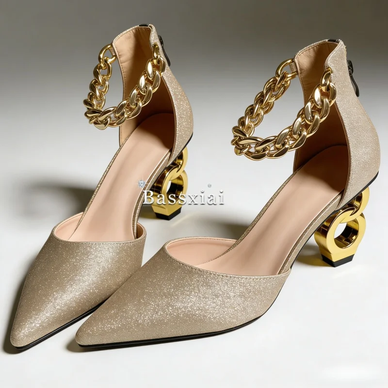 Double Chains Strap Decor Women Pumps Unique Gold Strange Heel Pointed Toe Side Fretwork Back Zip Party Shoes Spring Autumn