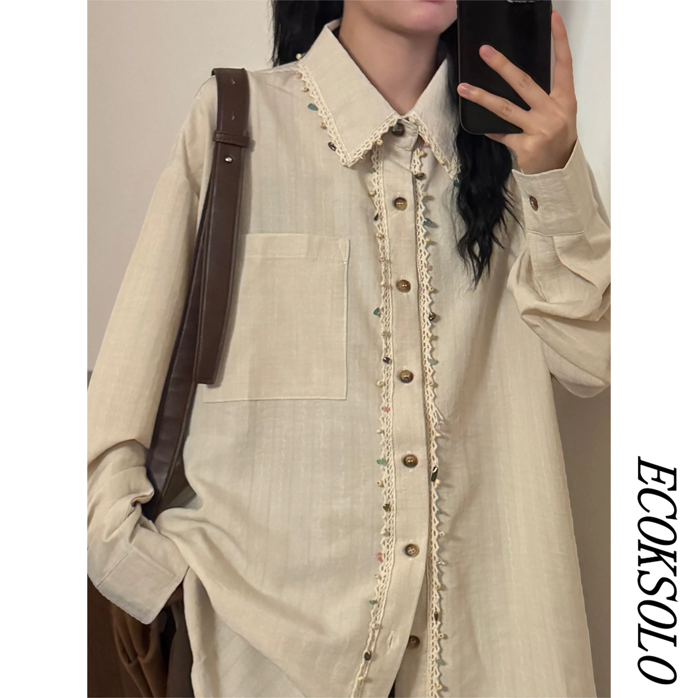 Vintage Lace Splice Long Sleeve Shirt Women's Loose Button up Cardigan Style Fashion Design Casual Comfortable Top