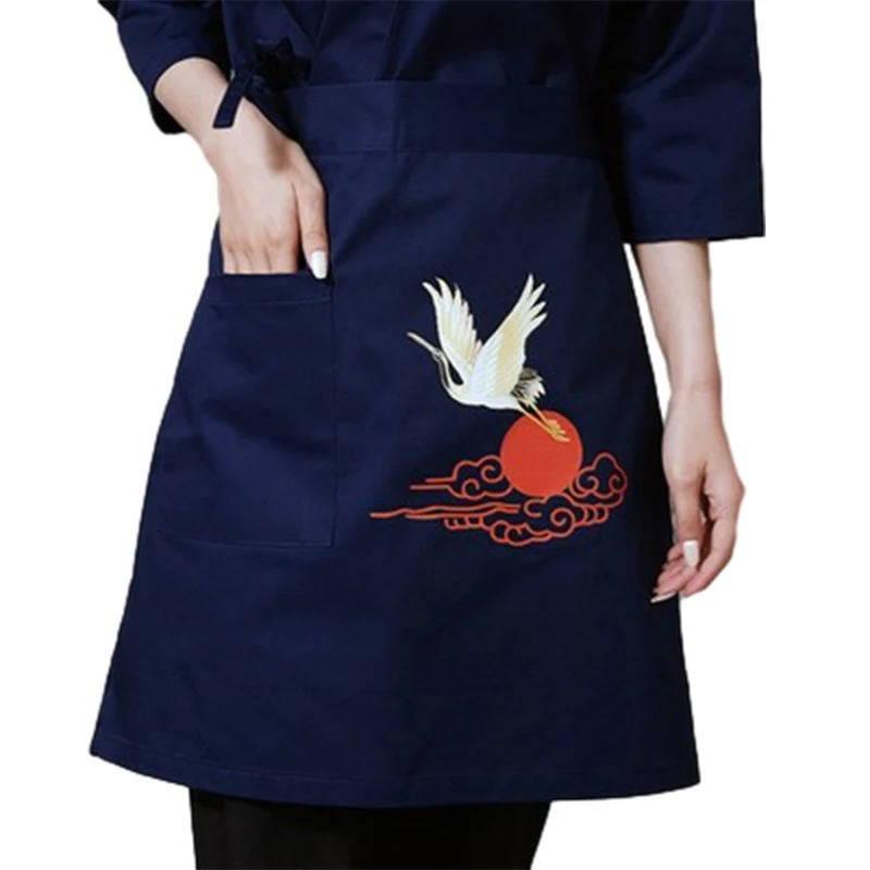 Kitchen Cooking Aprons Japanese Style Cuisine Half-Length Long Waist Apron Matching Sushi Uniform Apron with Pockets