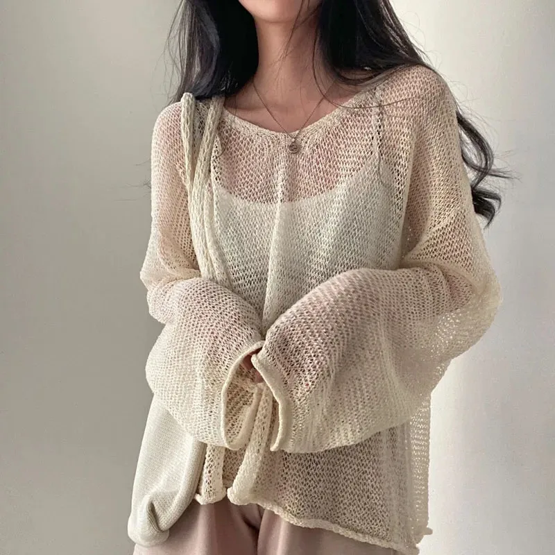 

Y2K Hollow Out Knitted Sweater Women Spring Sexy Thin Long Sleeve Pullover Female Fashion Korean Loose Streetwear Chic Jumper