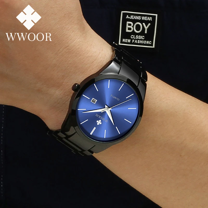 

WWOOR Men Watch Stainless Steel Luxury Push Button Hidden Clasp Waterproof Quartz Date Sport Wristwatches Male Relogio Masculino