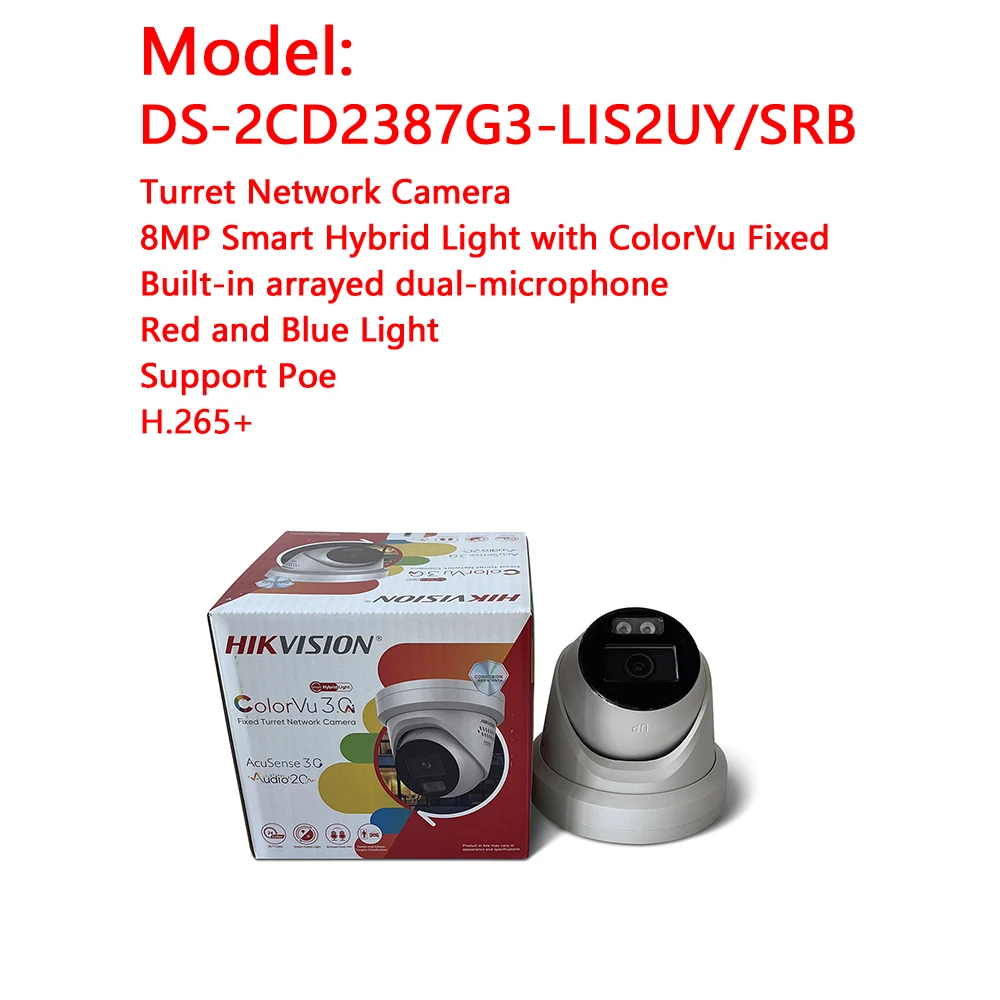 Hikvision 8MP Câmera IP DS-2CD2387G3-LIS2UY/SRB Luz Híbrida Inteligente com ColorVu Torre Fixa Câmera de Rede Sistema CCTV 4K POE