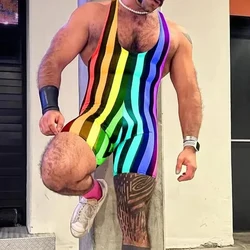 Sexy Men's Slim Leotard Vintage Striped Printing Sleeveless Rompers Men Overalls Summer Fashion Shorts Jumpsuits Mens Bodysuits