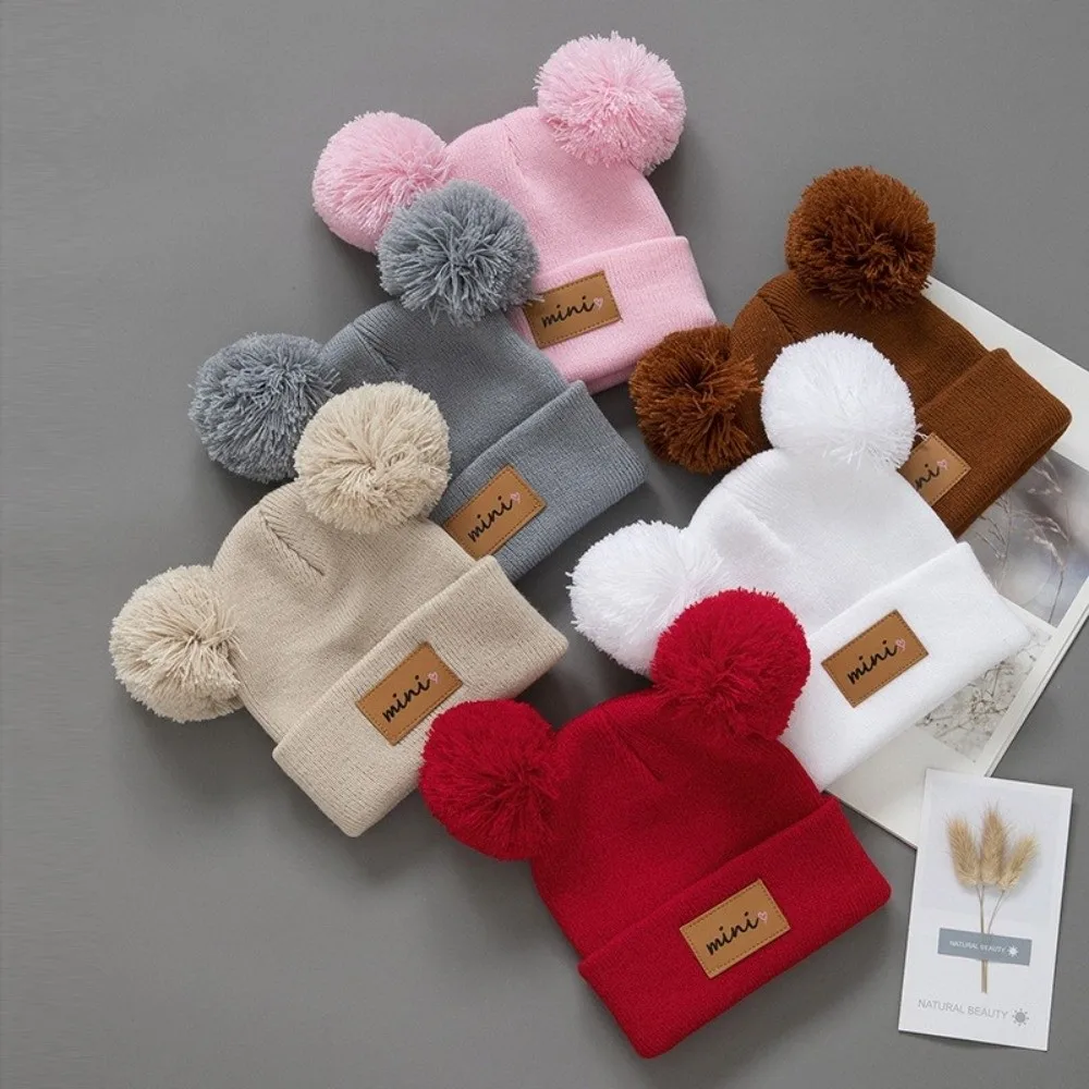 Double Ball 0-3 Years Old Infant Knit Beanie Windproof Breathable Baby Beanie Hats Soft Stretchy Infant Bonnet Autumn Winter - view 2