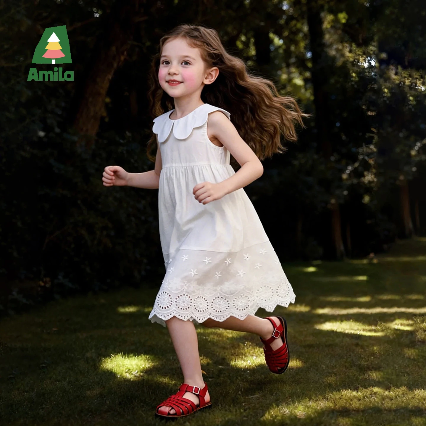 

Amila 2026 Summer New Style Girls' Dress Pure Color Petal Neckline Sleeveless Hollow-Out Embroidery Lace Long Dress