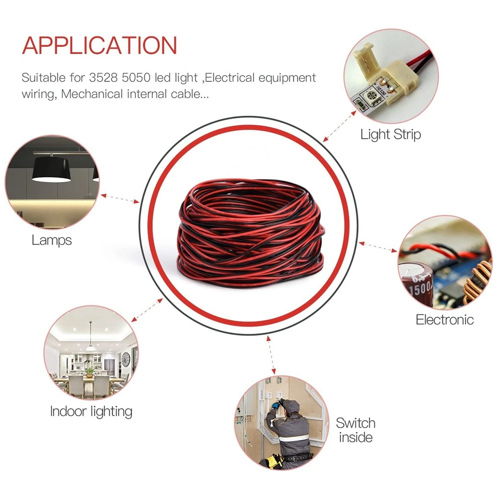 سلك تمديد ممتاز 2Pin 100M 22AWG 12V/24V سلك تمديد أحمر وأسود 2 سلك مصباح LED نحاسي معلب