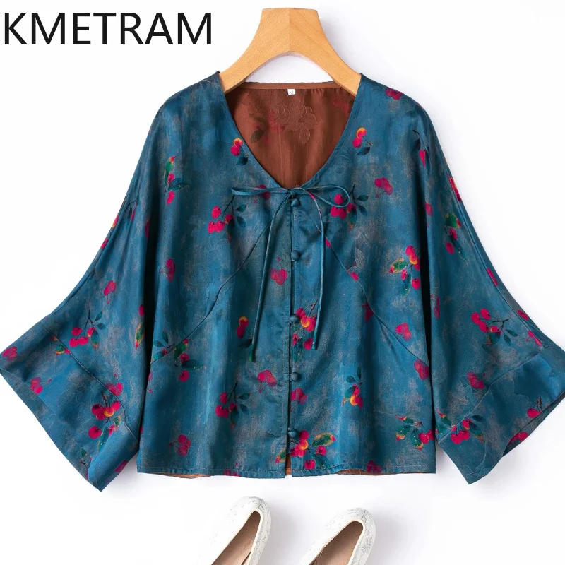 

KMETRAM 24MM Jacquard Satin Xiangyun Sha Shirt Women 100% Mulberry Silk Blouse V-Neck Summer Tops for Woman Clothing 2026 блузка