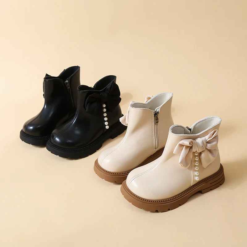 Autumn Girl's Boots Pearl Bow-adorned Platform Comfy Kids Ankle Boot Black Beige Zipper Anti-skid Sweet Children Booties 26-37