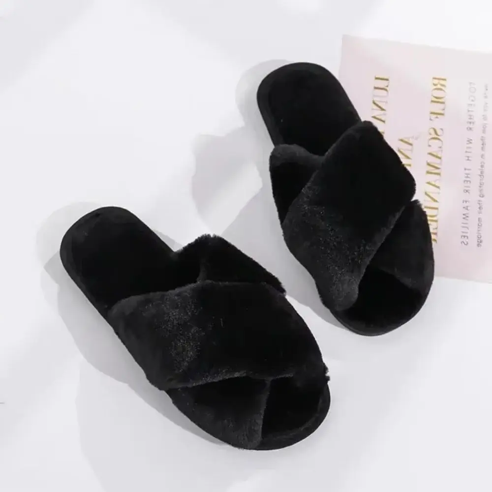 Winter Women House Slippers Faux Fur Fashion Warm Shoes Woman Slip on Flats Female Slides Black Pink cozy home  furry slippers image 6