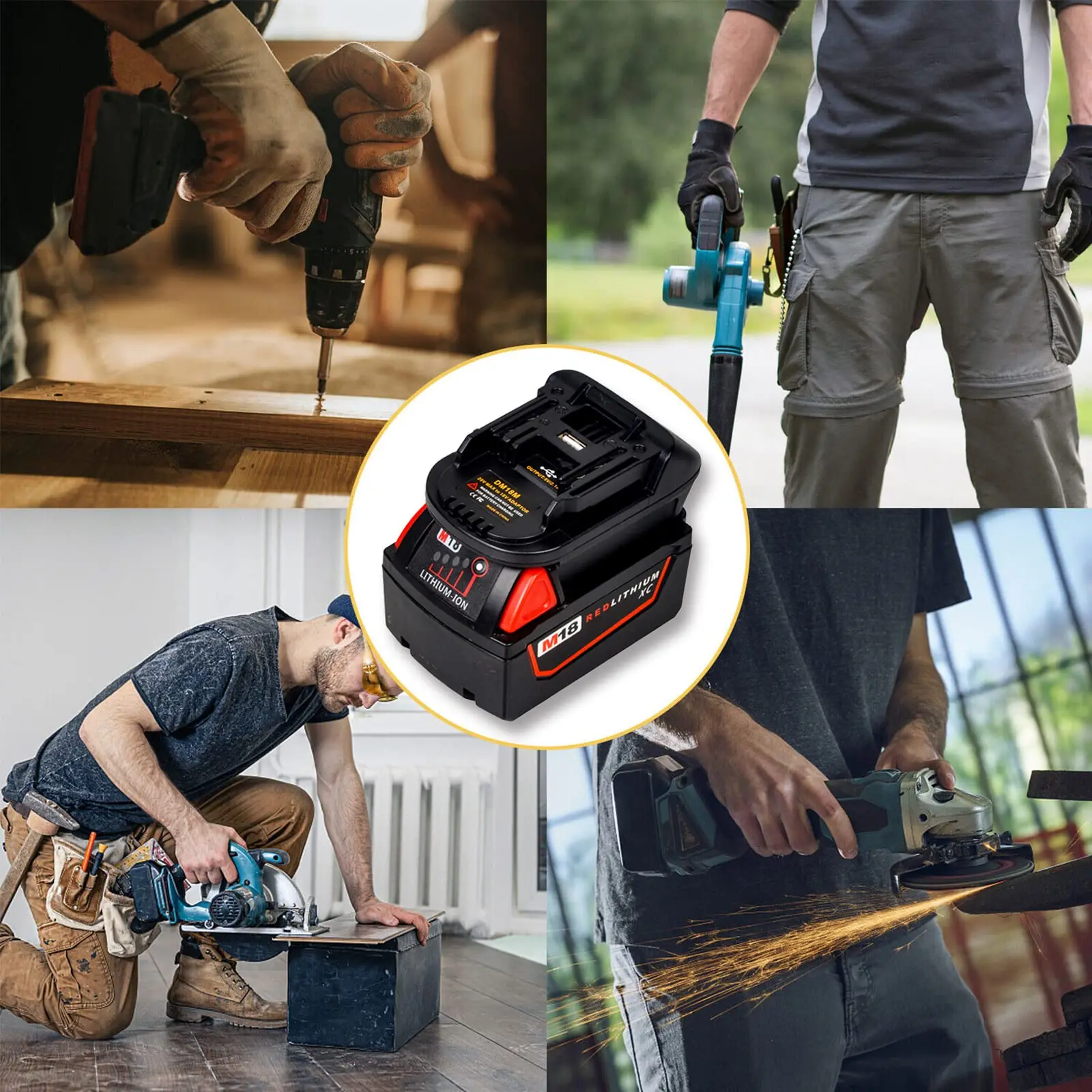 Adapter for DeWalt and Milwaukee 18V Li-ion Batteries to Makita Cordless Power Tools, with USB Charging Port DM18M