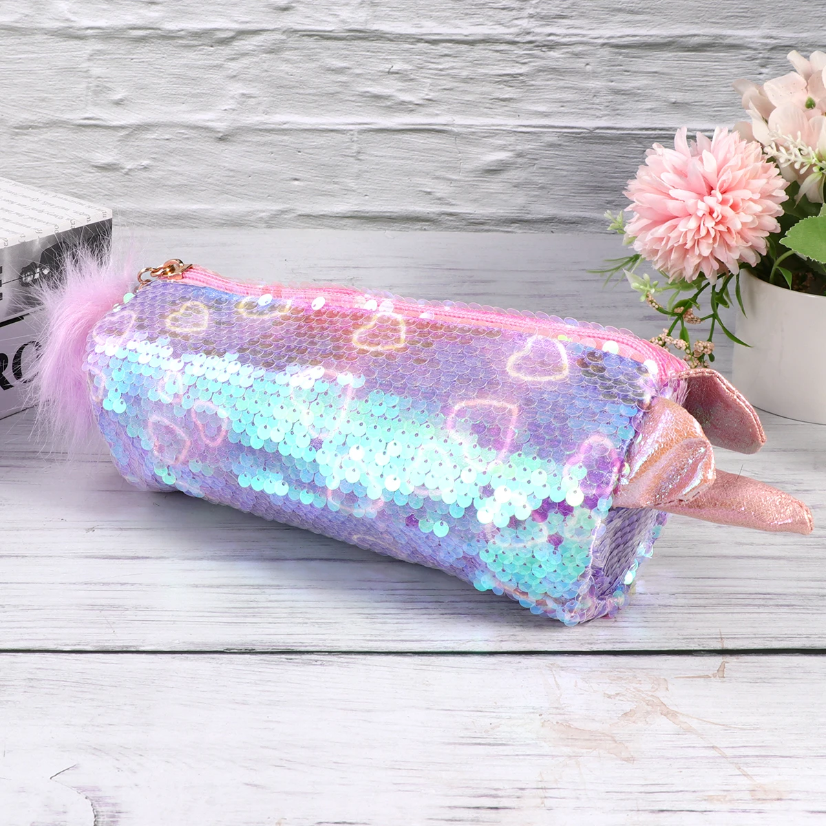 

Shiny Sequin Pencil Case Compact Size Large Capacity Cartoon Makeup Pouch Transparent Stationary Box Gift