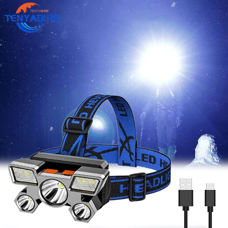 Super Bright Led Five-Head Headlight Strong Light Rechargeable Fishing Lamp Long-Range Head-Mounted Mine Lamp Flashlight Lantern