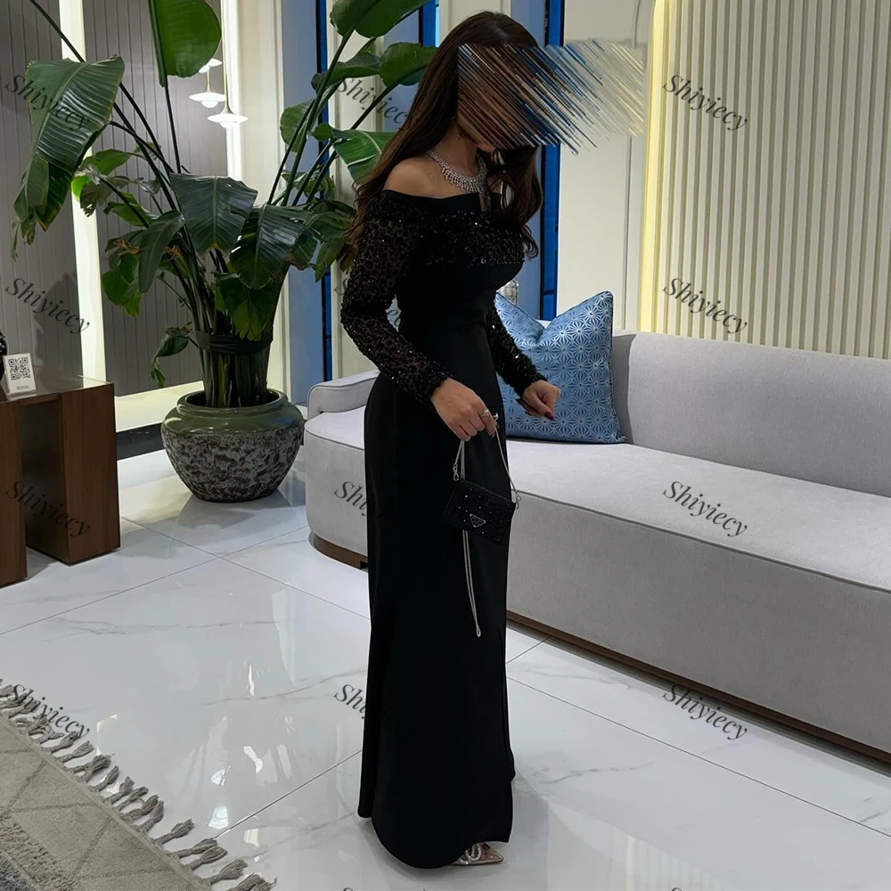 Elegant Black Lace Sequined Evening Dress Jersey Straight Split Prom Dress Off the Shoulder Long Sleeves Robes De Soirée 2024