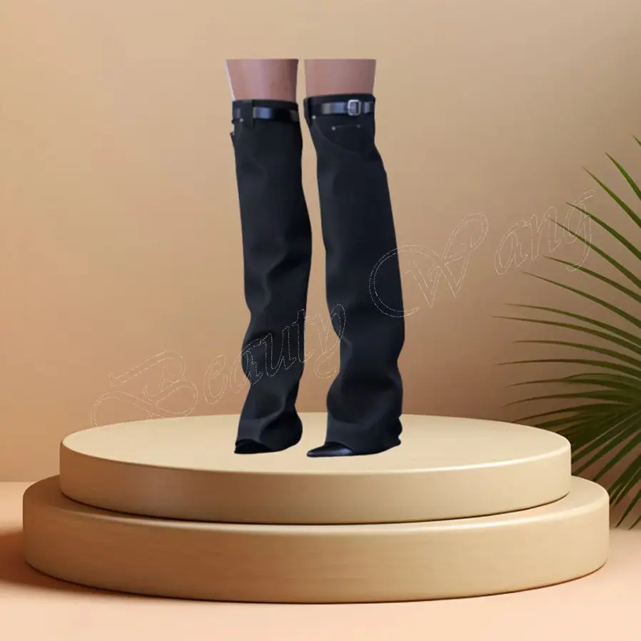 

Black Knee High Shark Boots Pleated Belt Decor Pointed Toe High Heel Shoes for Women Runway High Heels 2024 Zapatillas Mujer