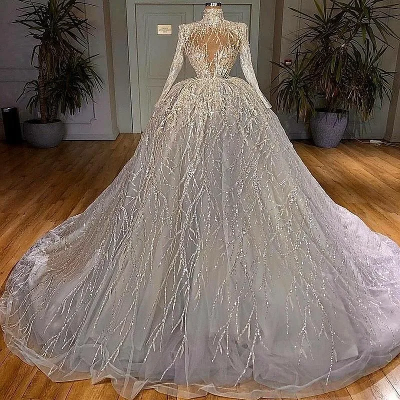 Luxury Long Sleeve Wedding Dress Crystal Bridal Dress Sequin prom Dress Custom Performance Formal Wedding DressVestidos De Novia