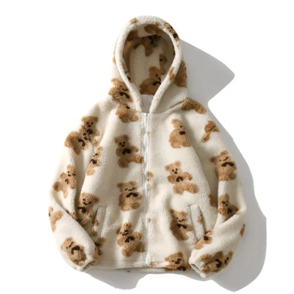 Cartoon Bear Print Hoodie Plush Fleece Winter Hoodie Coat Women Sweatshirts Casual Hooded Zipper Thermal Cardigan Sweatshirts