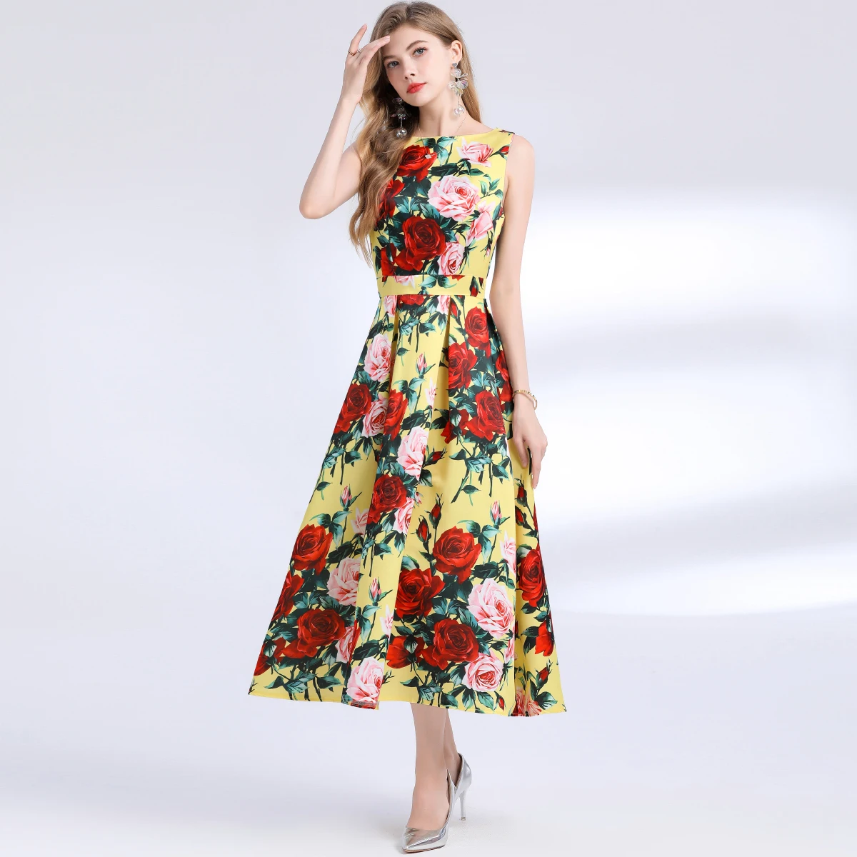 الفرنسية خمر الاصطدام الأزهار المطبوعة أكمام عالية الخصر اللباس أزياء تانك قطع سليم مطوي فستان طويل