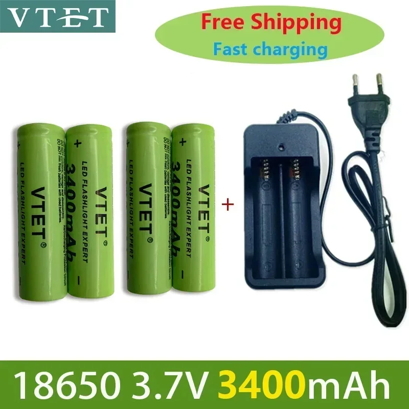 2024 Battery Rechargeable Battery 3.7V 18650 3400mAh Capacity Li-ion Rechargeable Battery for Flashlight Torch Battery+Charger