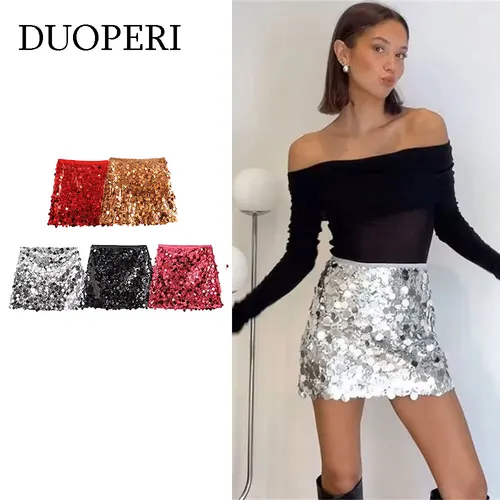 DUOPERI, moda Y2K para mujer, minifalda lisa con lentejuelas, sexy, cintura alta, cremallera lateral, faldas elegantes para mujer