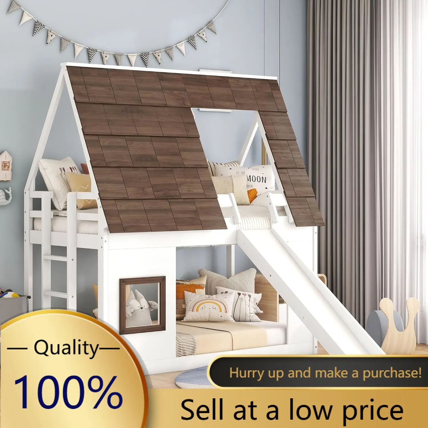 Merax Twin Over Twin House Bunk Bed Frame with Roof,Window,Ladder and Slide for Boys Girls, White & Brown