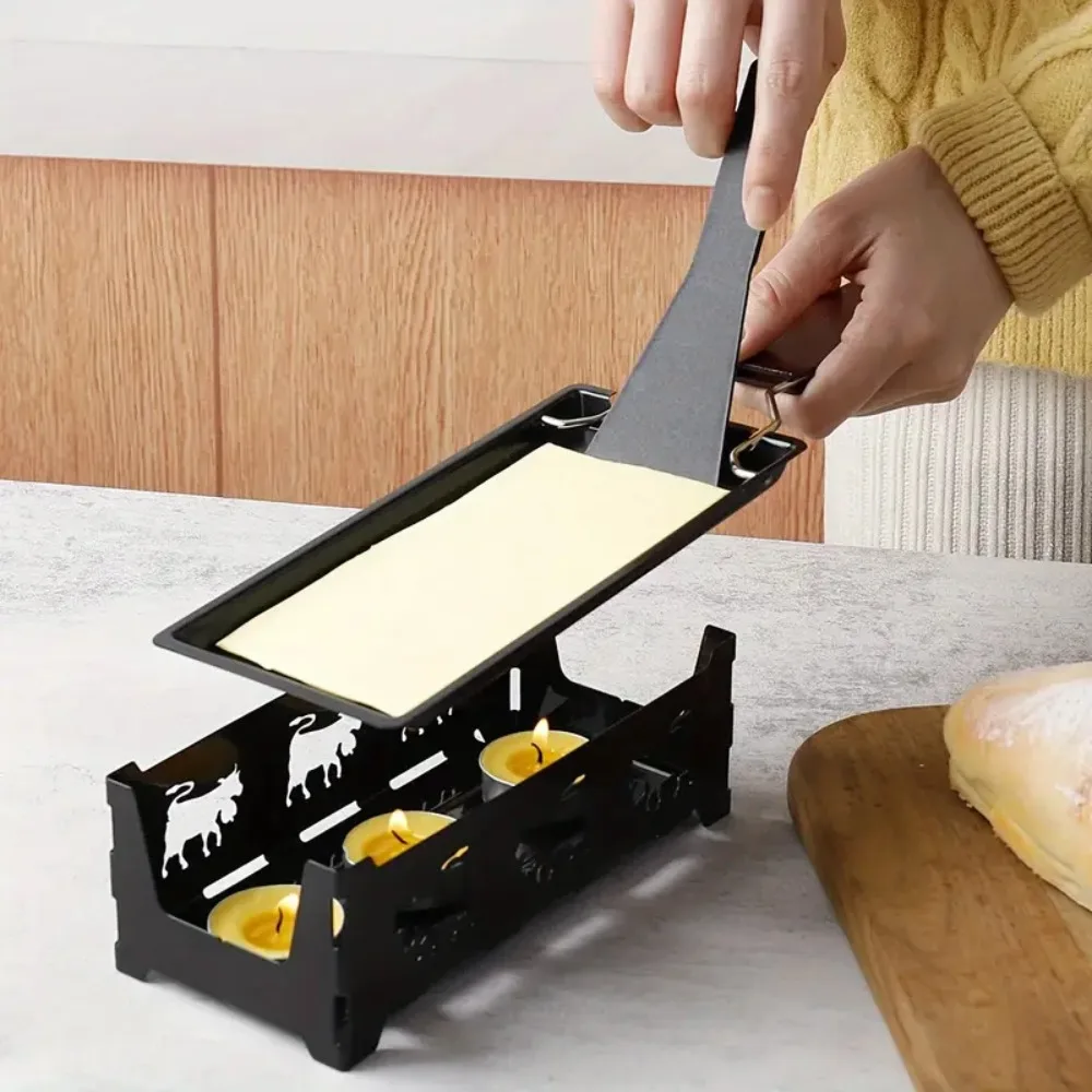 Non-Stick Cheese Raclette Stove Set Carbon Steel with Candle Cheese Grill Plate with Shovel Rectangle Cheese Melting Tray BBQ