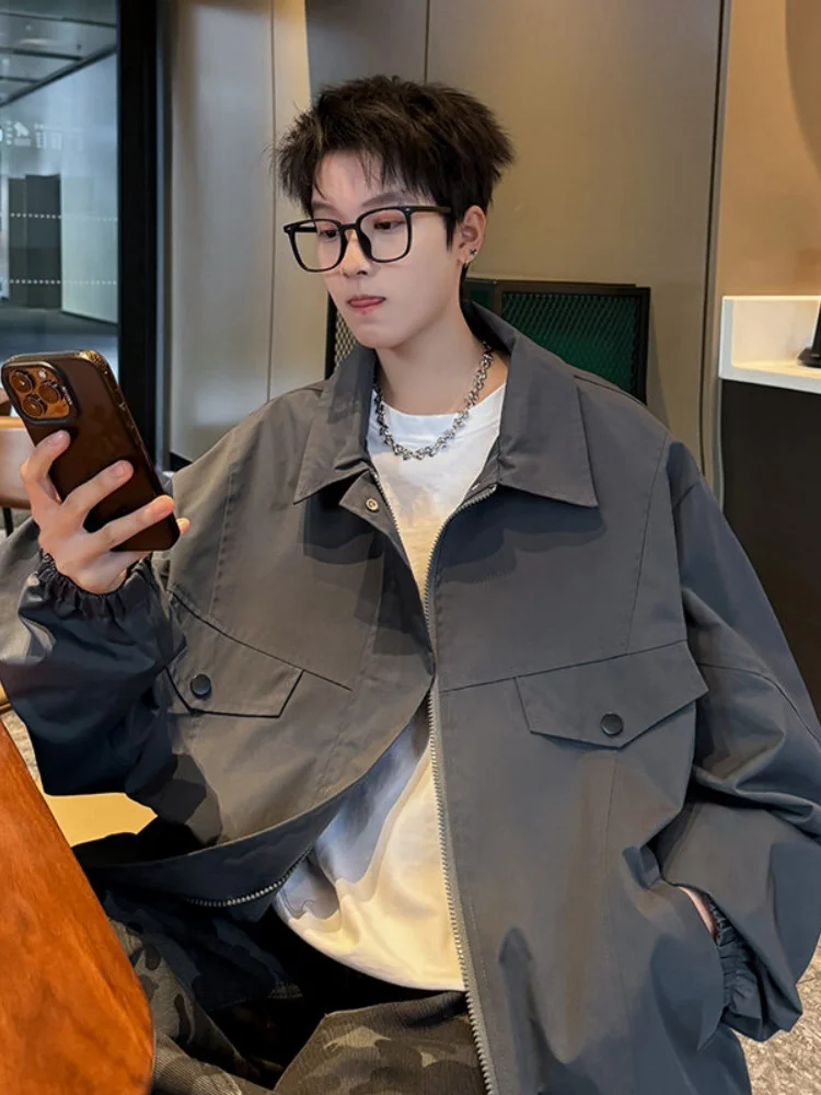 

Youth Casual Workwear Jaet Men's Spring Autumn Flip Collar Sli Loose Top American Sle Windproof Long Sve Zipper Cl...