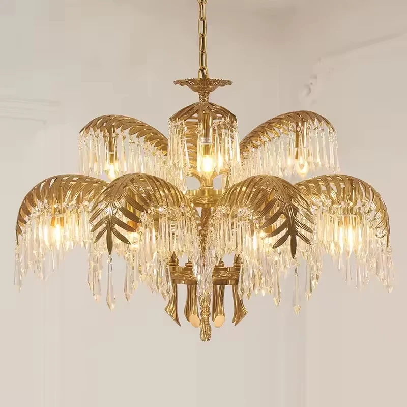 

Hand Carving Gold Brass Hanging Pendant Lights Villa Living Room Luxury Crystal Palm Chandelier