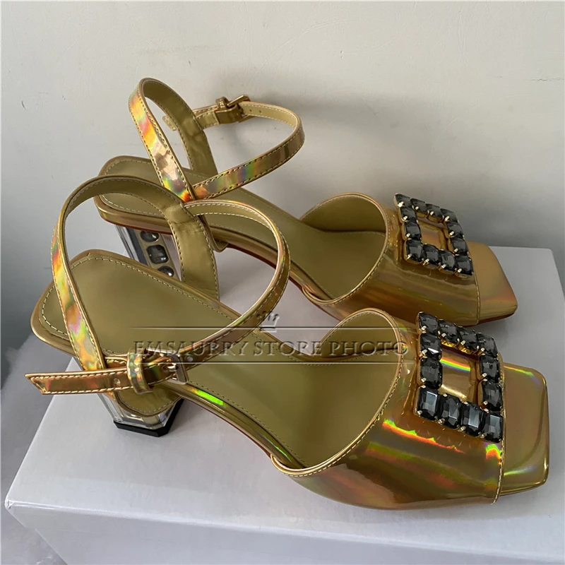 Unique High Heel Ankle Strap Sandals Women Luxury Laser Patent Leather Diamond Square Buckle Summer Shoes