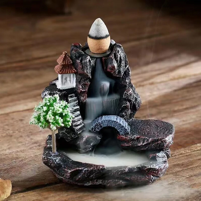 Resin Incense Burner Mountains River Waterfall Decoration for Home Fragrance Fireplace Backflow Aroma Smoke Fountain Zen Censer