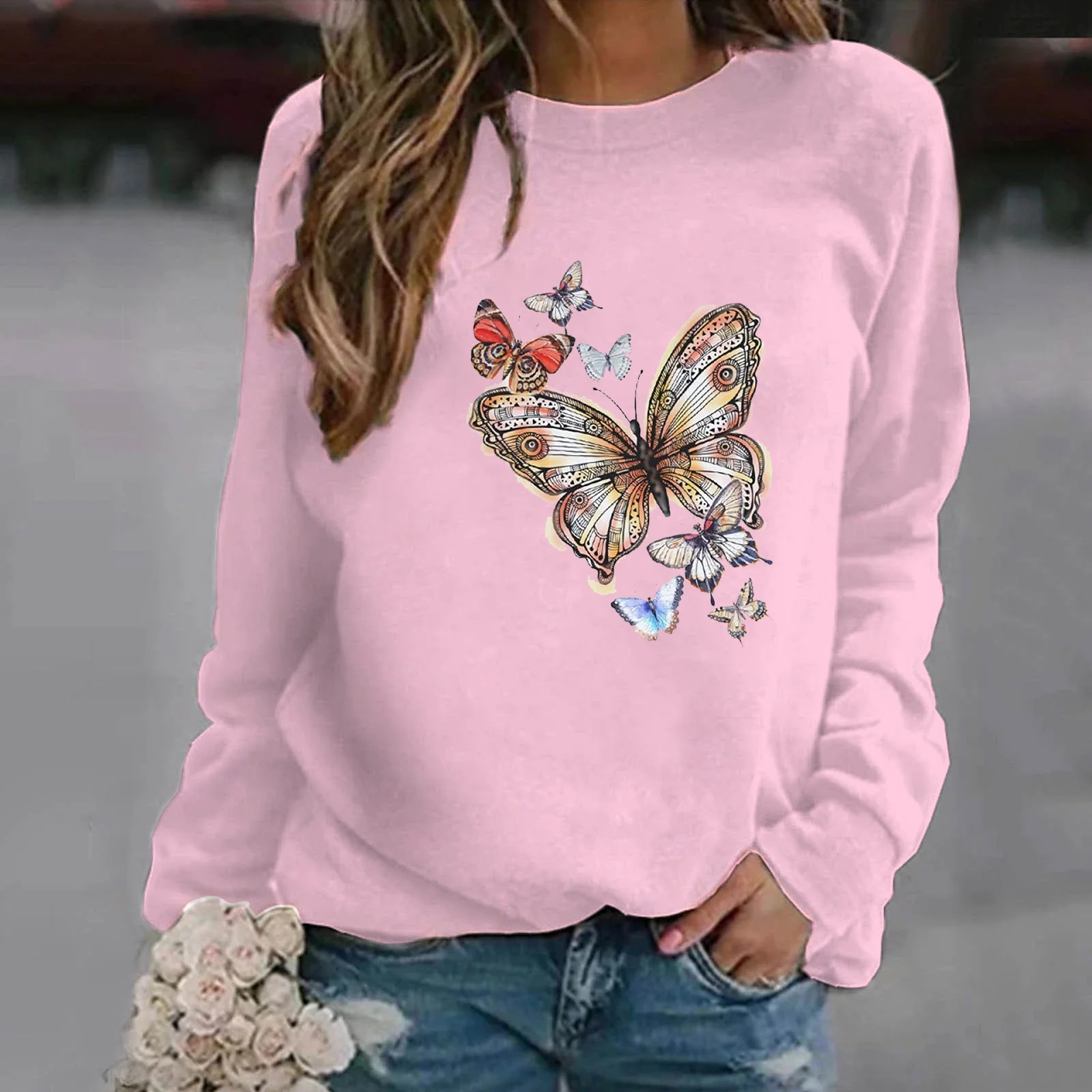 Popular Butterfly Printing Hoodless Sweatshirts For Women Autumn Winter Fashion Casual Solid Color Ladies O Neck Sweater