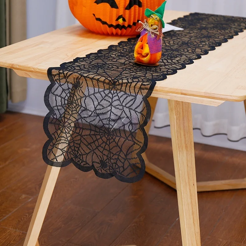 

Halloween Spider Web Black Lace Table Runner for Kitchen Dining Table Indoor Outdoor Party Decor Spooky Holiday Home Decoration