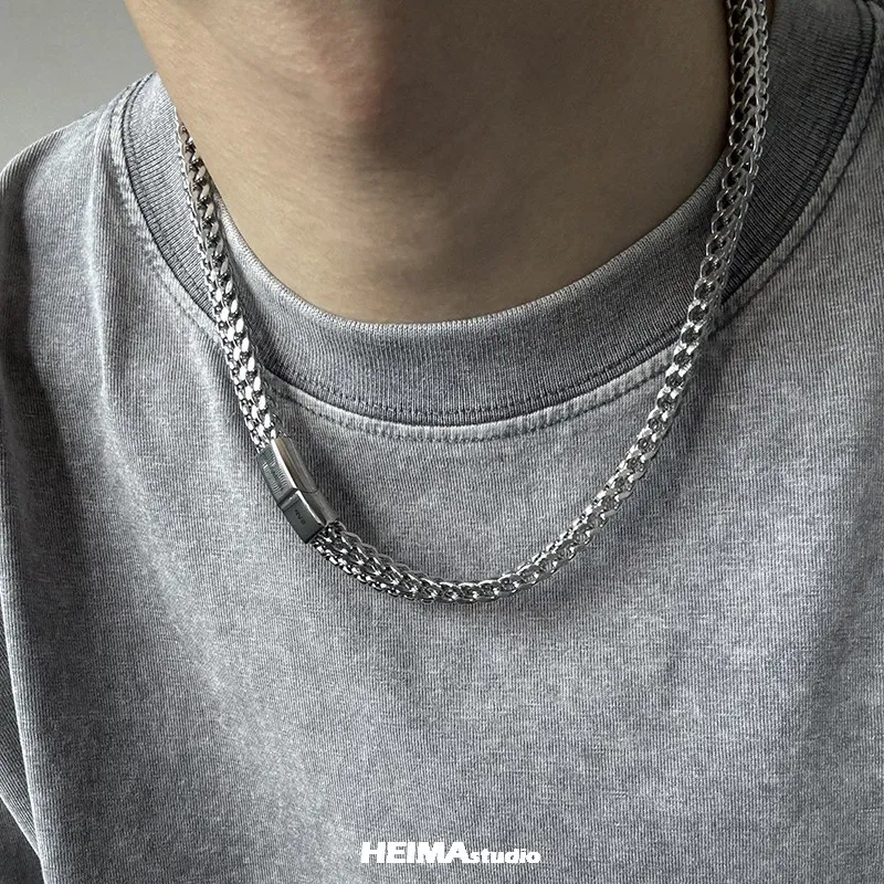 Hip-Hop Titanium Steel Double Cuban Necklace For Man Retro Simple No Fade Clavicle Sweater Chain Choker Street Jewelry Wholesale