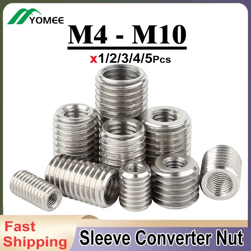 1/2/3/4/5Pcs 304 Stainless Steel Inside Outside Thread Adapter Screw Nuts Insert Sleeve Converter Nut Coupler M4-M10