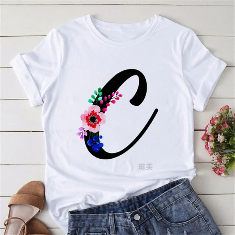 Women's Short Sleeve T-shirt Cartoon Creative Letter Print Flower Pattern A Hair Graphic T Shirts Kawaii Clothes Oversized Goth