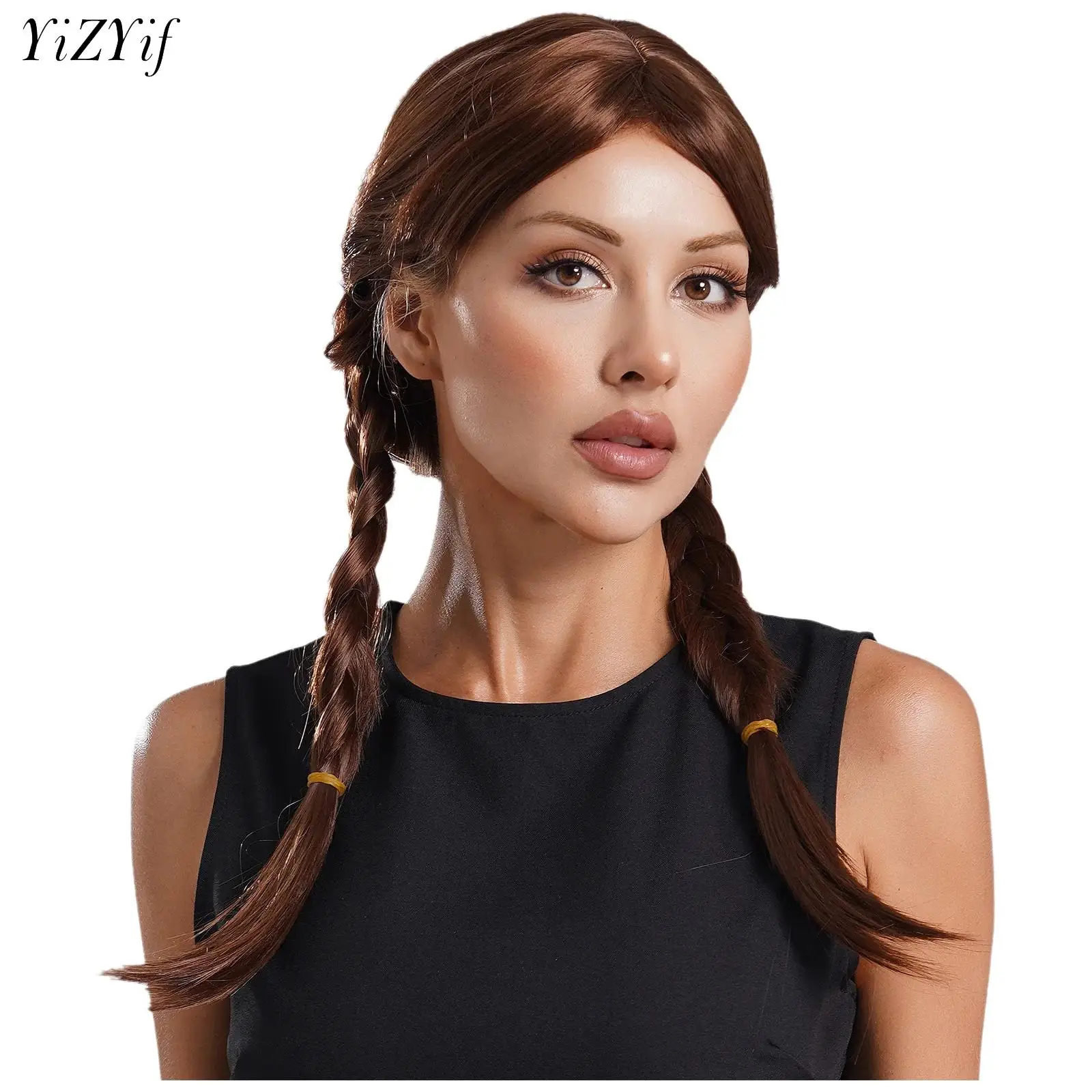 Soft Brown Synthetic Double Braided Wig Fairytale Princess Cosplay Wigs For Women Halloween Stage Performance Costume Wigs