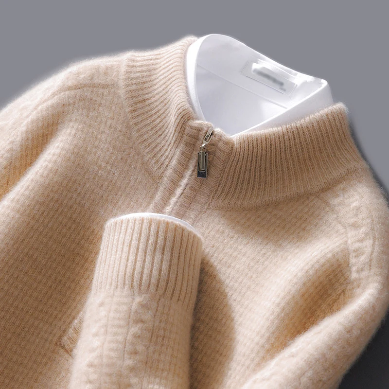 Semi-High Neck Zipper Pullover Cashmere Sweater Long Sleeve Men\'s Sweater Loose Solid Color Wool Casual Knitting Bottoming